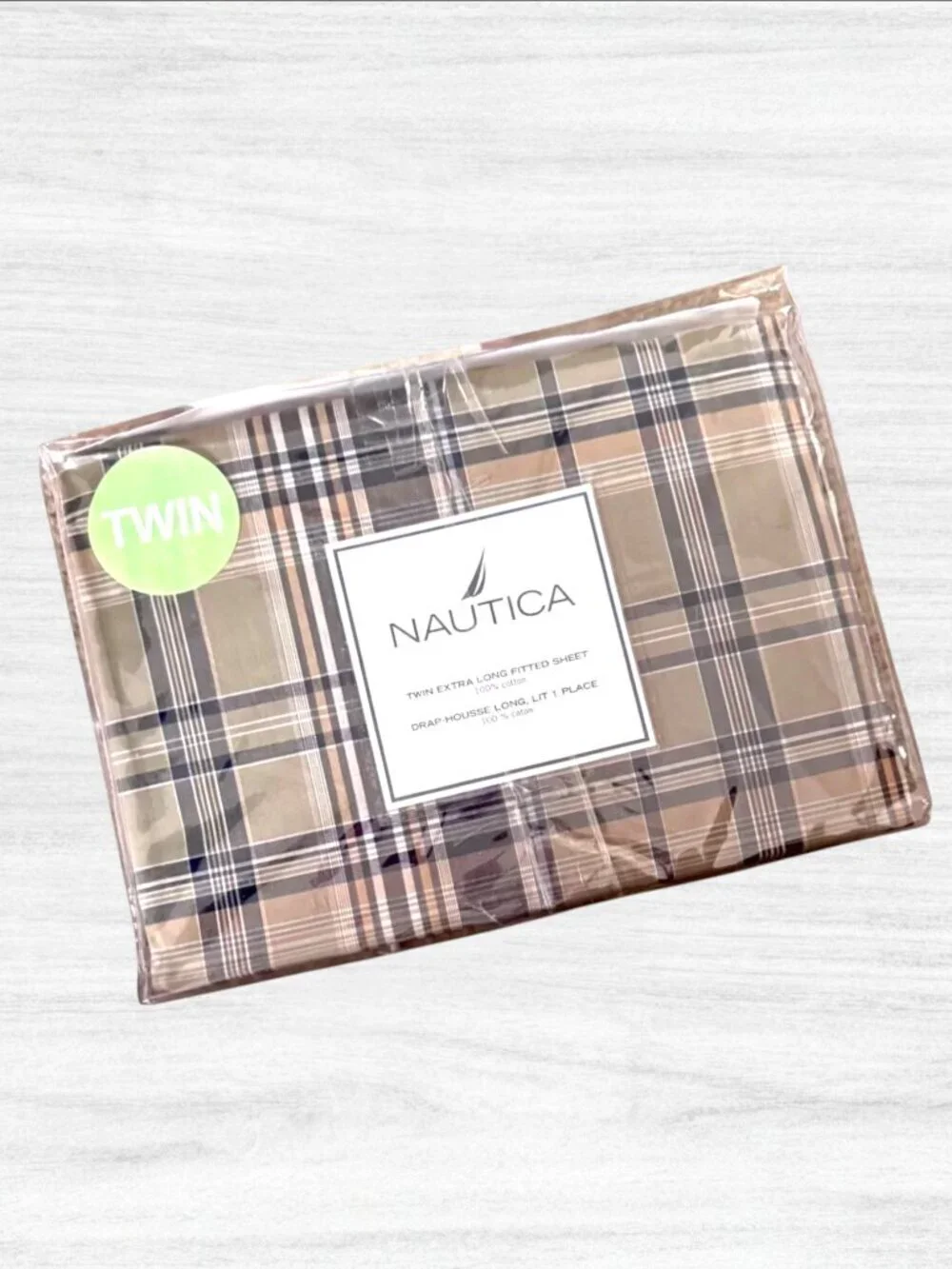 Vintage Y2K Nautica Compass Plaid Twin XL Fitted Sheet 100% Cotton NOS